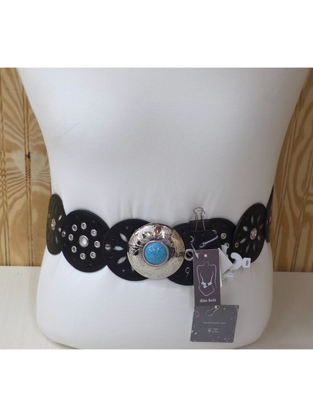 Haute Hippie Black Faux Leather Disc Belt With Silver & Turquoise Buckle Accent